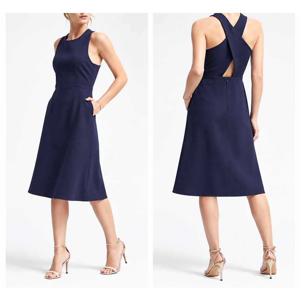 NWT Banana Republic Blue Cross-Back Ponte-Knit Sleeveless Midi Dress Womens 10